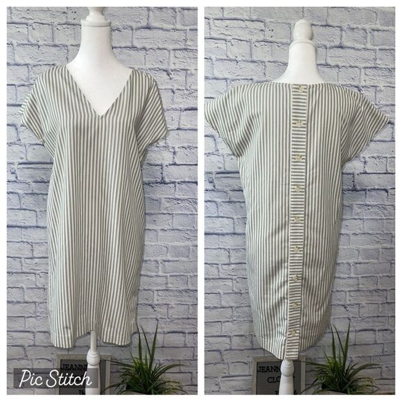 Madewell button back easy dress in stripe sage green - Picture 2 of 11